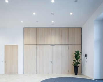 Großer Raum oder Durchgang, hell gestaltet mit weiß und hellem Holz, zweiflüglige Tür aus hellem Holz, weiße Wand mit schmalerer Holztür, cremefarbener Boden, dunkelblauer runder Teppich, dunklerer Ausgangsbereich mit kleinem dunkelblauem Teppich, hohe Topfpflanze