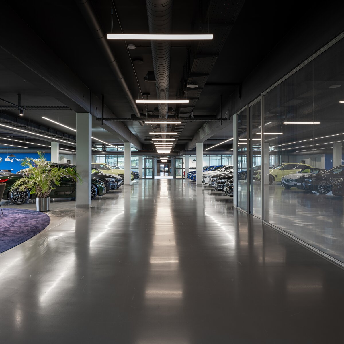 Langer Gang im BMW Showroom Stuttgart-Vaihingen mit Ausstellungsfahrzeugen und Lindner Glastrennwand zur Abgrenzung der Büroräume | © © Tomislav Vukosav | www.tomislavvukosav.de