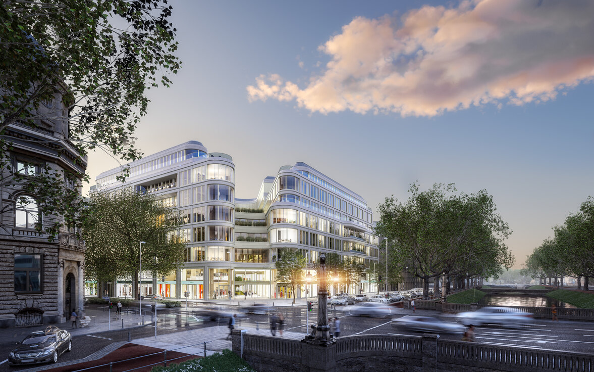 Rendering der Außenansicht des zukünftigen Le Coeur Düsseldorf – Neubaufassade am Straßeneck mit grünen Bäumen im Vordergrund. | © © Hines Immobilien GmbH