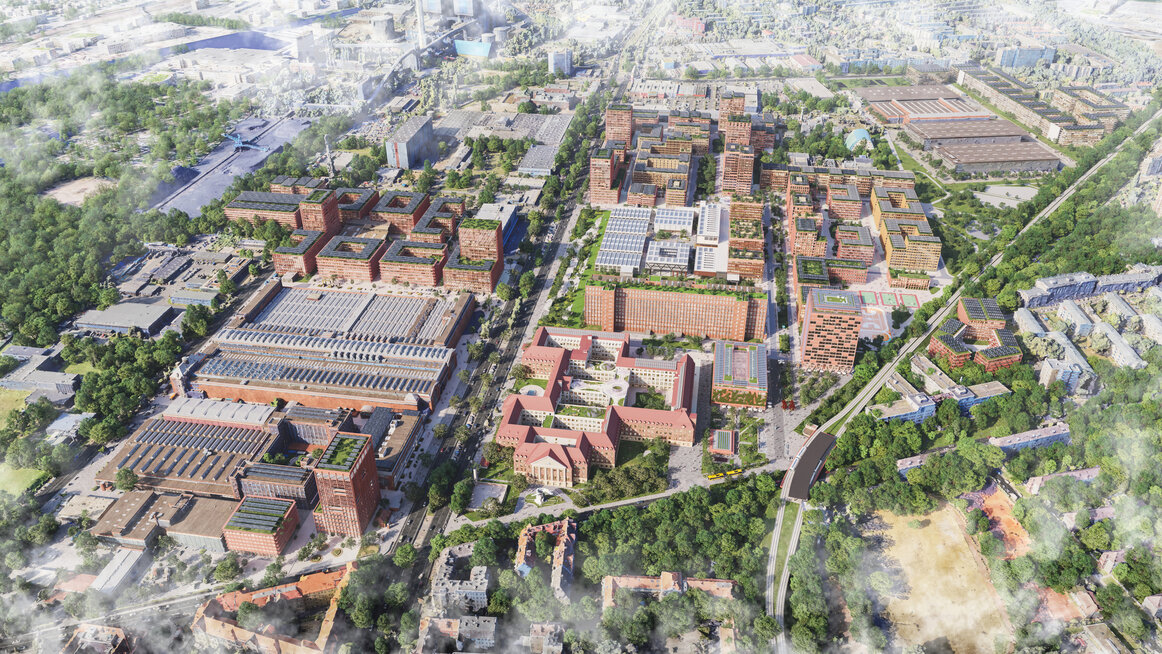 Rendering des neuen Siemensstadt Square in Berlin – Vogelperspektive auf das entstehende Zukunftsquartier mit modernen Bürogebäuden, nachhaltiger Quartiersentwicklung und innovativem Bauprojekt. | © © Siemens